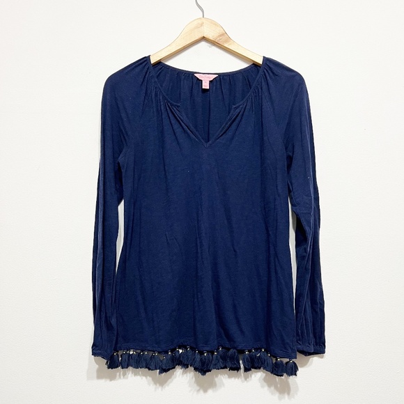 Lilly Pulitzer Linzy Cotton Stretch VNeck Tassel Fringe Tee Shirt True Navy Blue - Picture 1 of 4